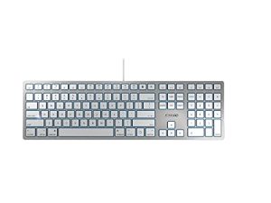 لوحة مفاتيح Cherry KC 6000 رفيعة مصنوعة من تخطيط Mac. مع 12 وظيفة محددة من Apple. تقنية المقص للطباعة شبه الصامتة. بديل للوحات المفاتيح السحرية. USB-A سلكي. تخطيط أمريكي أبيض وفضي.