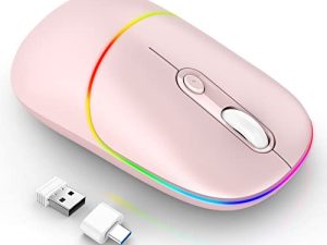 ماوس لاسلكي LED من RAPIQUE ، فأرة كمبيوتر قابلة لإعادة الشحن صامتة RGB مع مستقبل USB ومحول من النوع C ، 2.4 جيجا بايت مكتب محمول نحيف لاسلكي لأجهزة الكمبيوتر المحمول ، الكمبيوتر الشخصي ، ChromeBook ، الكمبيوتر اللوحي ، Mac (وردي)