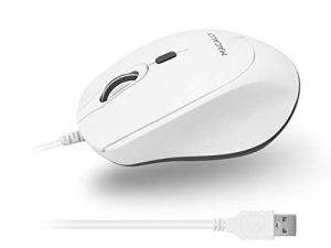 Macally USB ماوس سلكي لجهاز Mac أو الكمبيوتر الشخصي - مريح وسلس وهادئ - ماوس USB أبيض سلكي مع كابل 5 أقدام و 4 DPI - فأرة كمبيوتر سلكية للتوصيل والتشغيل لأجهزة الكمبيوتر المحمول أو سطح المكتب - أبيض