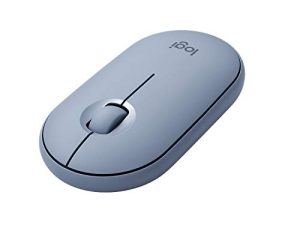 ماوس لاسلكي من لوجيتك Pebble M350 مزود بتقنية البلوتوث أو USB - ماوس كمبيوتر صامت ونحيف مع خاصية النقر الهادئ لأجهزة iPad والكمبيوتر المحمول والكمبيوتر المحمول والكمبيوتر الشخصي وماك - أزرق رمادي