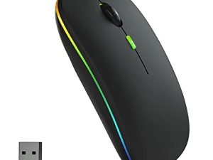 ماوس لاسلكي قابل لإعادة الشحن بإضاءة LED وماوس بلوتوث لأجهزة الكمبيوتر المحمول MacBook iPad Air Pro Mac Tablet ، 2.4G صامتة رفيعة محمولة لا سلكية لأجهزة الكمبيوتر Samsung Chromebook PC Desktop ، مستقبل USB (أسود)