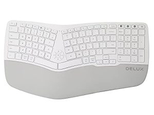 DeLUX GM902 لوحة مفاتيح منفصلة لاسلكية قابلة لإعادة الشحن للكتابة الطبيعية وتقليل آلام اليدين مع 2.4G لاسلكي و BT (BT1 + BT2) ومفتاح مقص ومسند راحة اليد لنظامي التشغيل Windows و Mac (أبيض)