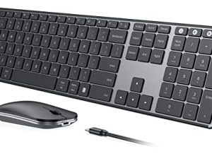 لوحة مفاتيح بلوتوث لاسلكية وماوس (USB + Dual BT) ، لوحة مفاتيح وماوس نحيف قابل لإعادة الشحن من Seenda ، متوافق مع Win 7/8/10 ، MacBook Pro / Air ، iPad ، الكمبيوتر اللوحي - أسود رمادي