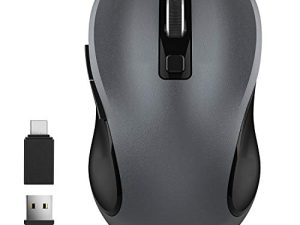 ماوس لاسلكي WisFox 2.4G لأجهزة الكمبيوتر المحمول ، فأرة كمبيوتر مريحة مع مستقبل USB ومحول من النوع C ، 3 مستويات قابلة للتعديل ، 6 أزرار لاسلكية لأجهزة الكمبيوتر المحمول بنظام Windows Mac (رمادي وأسود)