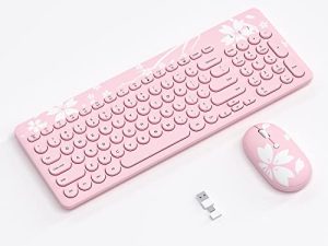 مجموعة ماوس لوحة مفاتيح لاسلكية Mytrix Cute Sakura Pink ، مفاتيح كتابة ريترو ، 2.4G USB لوحة مفاتيح نحيفة مع لوحة مفاتيح رقمية للكمبيوتر والكمبيوتر المحمول وأجهزة الكمبيوتر المكتبية وأجهزة الكمبيوتر وماك (KMCS01)