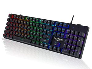 لوحة مفاتيح ميكانيكية للألعاب ، RGB 104 مفاتيح ، لوحة مفاتيح USB سلكية بإضاءة خلفية LED بألوان قوس قزح فائقة النحافة مع مفاتيح زرقاء ، أغطية مفاتيح متينة من مادة ABS / لوحة مفاتيح ميكانيكية مضادة للظلال / مقاومة للانسكاب لأجهزة الكمبيوتر Mac Xbox Gamer