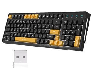 لوحة مفاتيح ألعاب لاسلكية كتم الصوت ، لوحة مفاتيح V520 قابلة لإعادة الشحن 2.4G RGB بإضاءة خلفية قابلة للتبديل للألعاب ، لوحة مفاتيح صامتة مقاومة للماء مع إضاءة جانبية لأجهزة الكمبيوتر المحمول التي تعمل بنظام Windows PC ، ألعاب PS4 Mac / مكتب (أسود / أصفر)