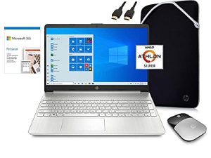 2021 HP Laptop Computer 15.6 "HD Screen، AMD Athlon 3050U 8GB RAM 128GB SSD HDMI Wi-Fi Webcam Silver Win 10 | حزمة المدرسة الأساسية: مكتب 365 لمدة عام ، ماوس لاسلكي ، حافظة ، كابل VATTE HDMI