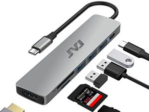 محول USB C Hub متعدد المنافذ ، موزع JVJ 7 في 1 من النوع C مع 4K HDMI ، USB 3.0 ، 100 واط PD ، قارئ بطاقات SD / TF ، USB C Dongle لأجهزة MacBook Pro / Air / M1 / M2 ، iPad Pro ، Dell XPS Thunderbolt 3 محول متعدد المنافذ Hub