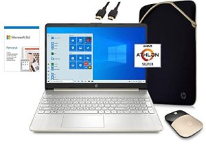 2021 HP Laptop Computer 15.6 "HD Screen، AMD Athlon 3050U 8GB RAM 128GB SSD HDMI Wi-Fi Webcam Gold Win 10 | حزمة المدرسة الأساسية: مكتب 365 لمدة عام ، ماوس لاسلكي ، حافظة ، كابل VATTE HDMI