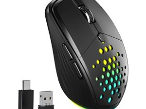 ماوس لاسلكي LED قابل لإعادة الشحن ، ماوس UHURU 2.4G صامت 5 قابل للتعديل DPI حتى 3600 ، 6 أزرار فأرة للكمبيوتر مع محول USB ومن النوع C ، متوافق مع Windows Mac Chromebook (أسود) (UGM-01)