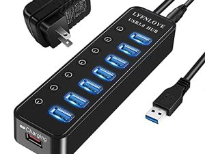 USB Hub 3.0 مدعوم من LYFNLOVE USB موسع 7 منافذ USB للبيانات مع محول طاقة ومنفذ شحن ذكي واحد مقسم USB مع مفاتيح تشغيل / إيقاف لأجهزة MacBook و Mac Pro / Mini و iMac و Surface Pro Laptop / PC
