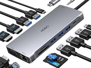 USB C Docking Station شاشة مزدوجة ، 14 في 1 USB C Laptop Docking Station USB Type C Hub Multiport Adapter Dongle مع 2 HDMI VGA PD 5 USB SD / TF Audio لأجهزة Lenovo Thinkpad / Dell / HP / Surface Pro Laptops